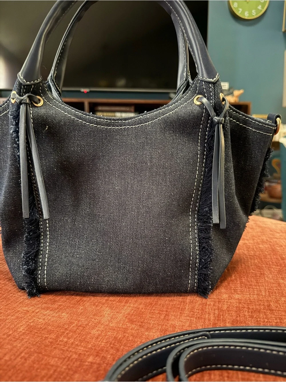 Sam Edelman Black Denim Shoulder Tote with Gold Logo Accent